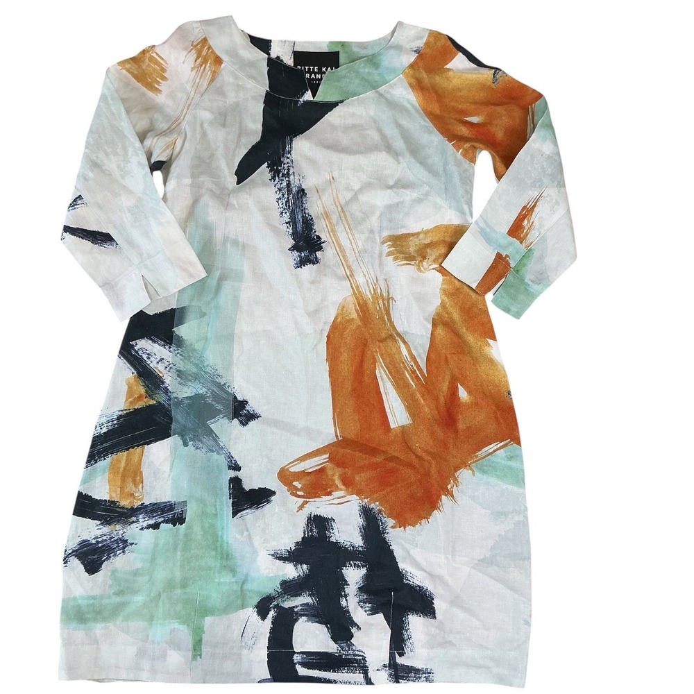 Bitte Kai Rand 100% Linen Abstract Print Shift Dress 3/4 Sleeve Pockets Size M - Picture 2 of 13